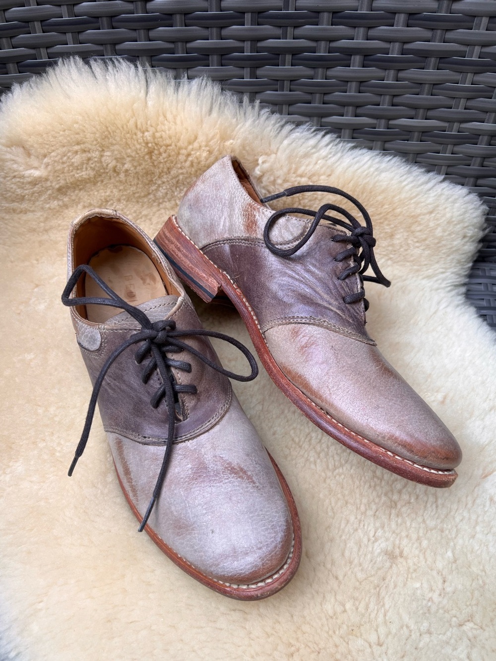Bed|Stü Fury Handcrafted Leather Two-Tone Saddle Oxfords Sz 7 Lace Up Distressed